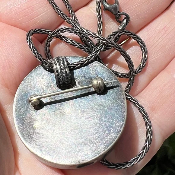 VINTAGE 925 STERLING ARTISAN PENDANT CHAI NECKLACE GEMSTONES INLAID PIN BROOCH - Picture 5 of 16
